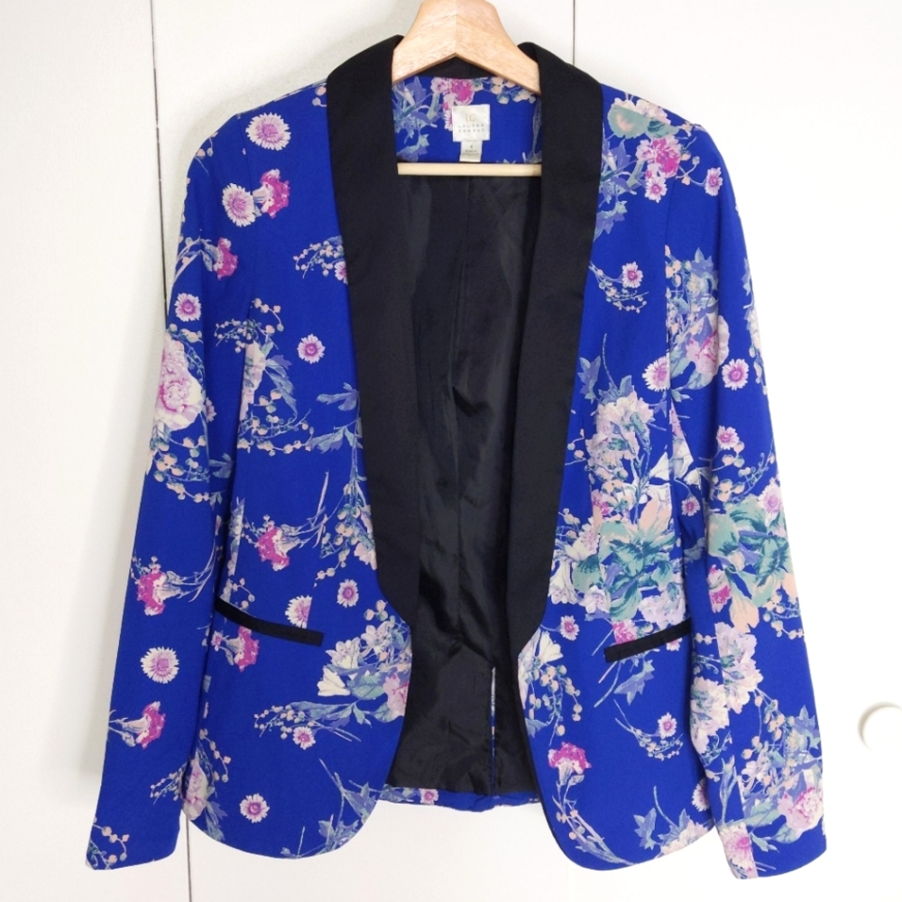 Lauren Conrad tuxedo floral jacket blazer blue 4